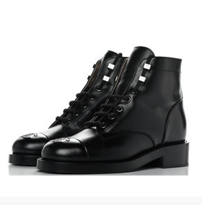 CHANEL Calfskin Lace-Up CC Embossed Combat Boots in Black, Size 39